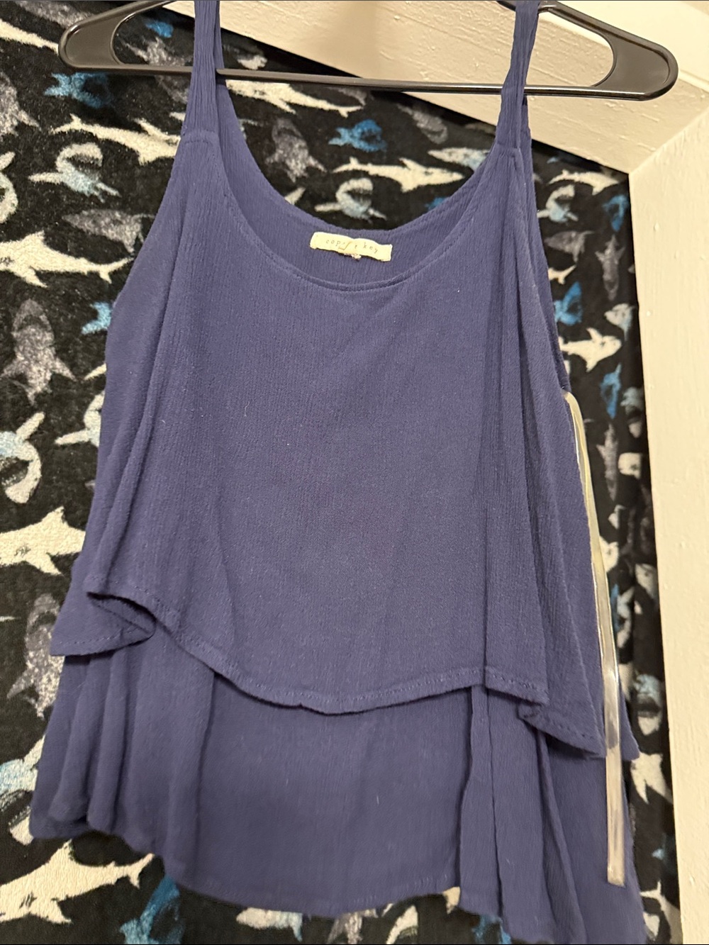 Copper Key Navy Textured Scoop Neck Tank with Shark Print Lining